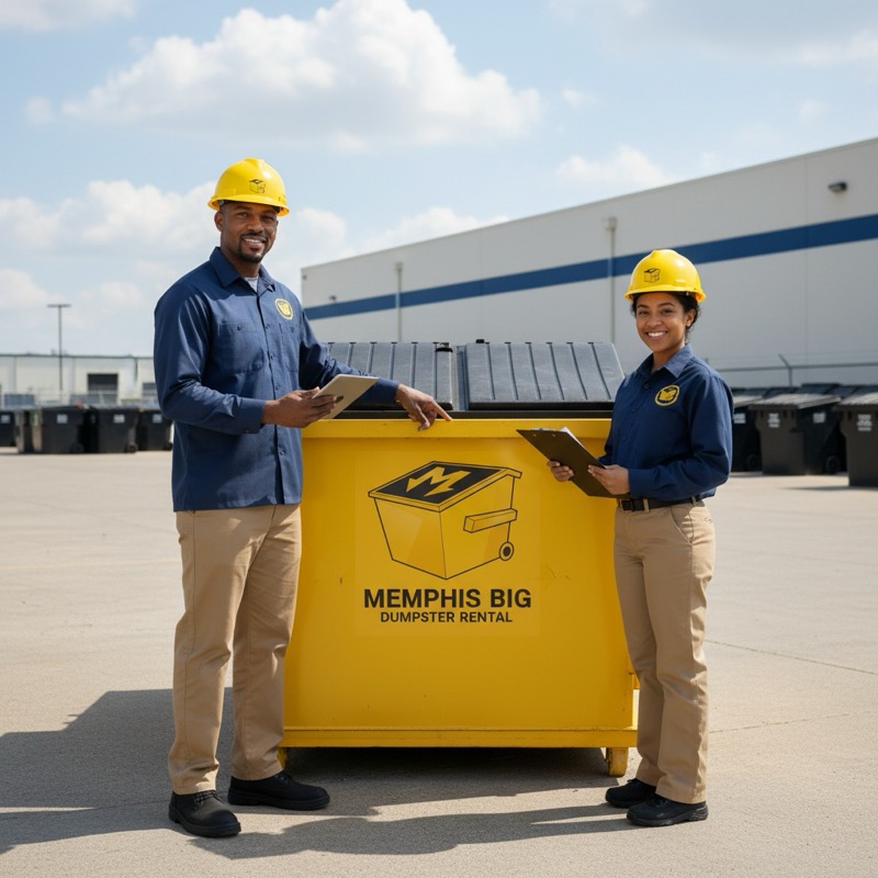 Memphis Big Dumpster Rental team standing next to a yellow dumpster